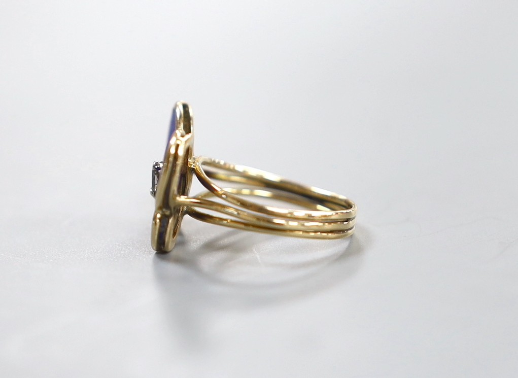 A yellow metal, lapis lazuli and diamond set 'butterfly' ring, size I, gross weight 2.6 grams.